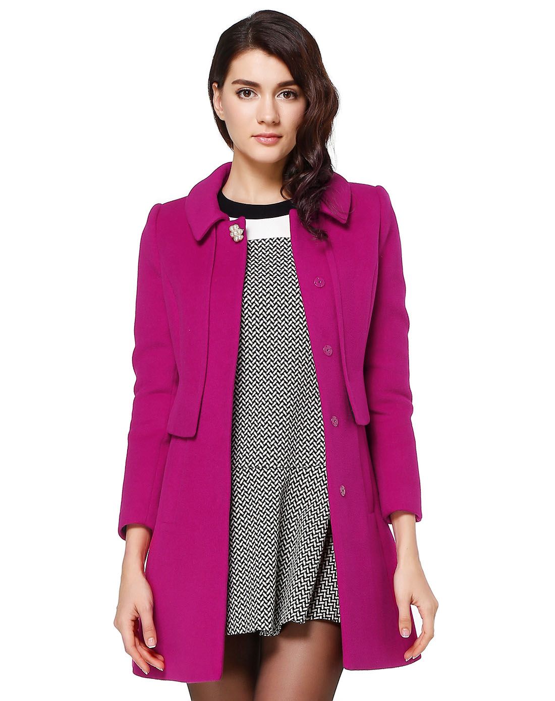 深玫红色斯文韩版长袖大衣