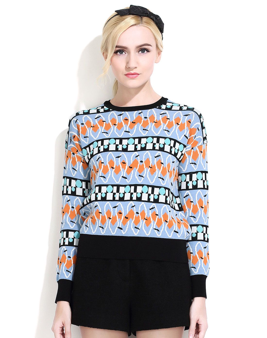 亦谷yigue花色简约直筒套头长袖短款提花针织衫450202k08097_唯品会