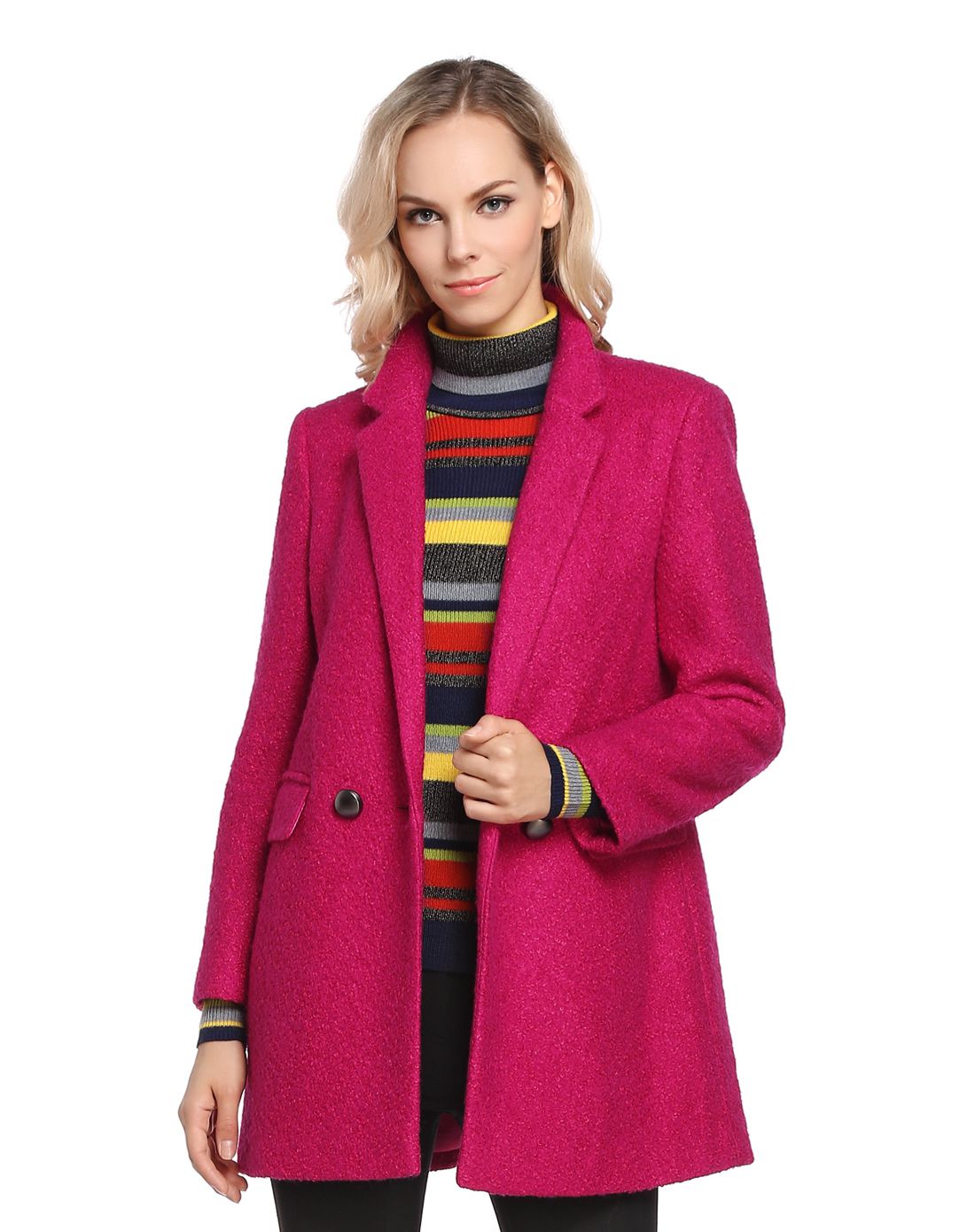 深玫红色时尚简约中长款长袖大衣