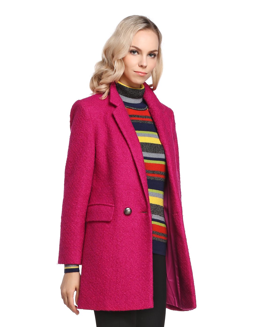 深玫红色时尚简约中长款长袖大衣