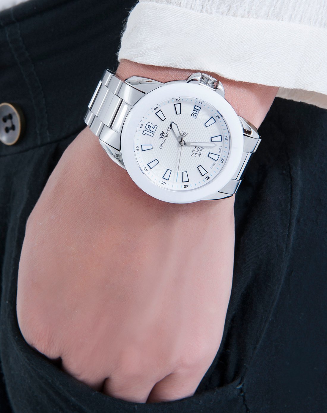 philip watch 男款cruiser航行者系列陶瓷钢带自动机械腕表