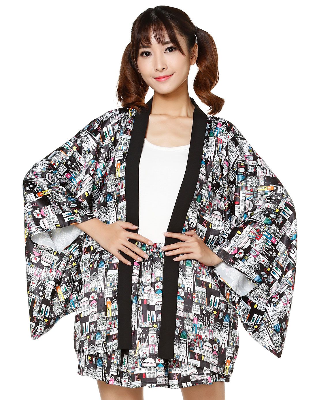 黑/多色卡通印花羽织外套