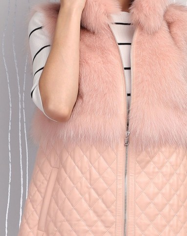 女款米粉色绵羊皮狐狸毛皮无袖潮流皮毛中长款