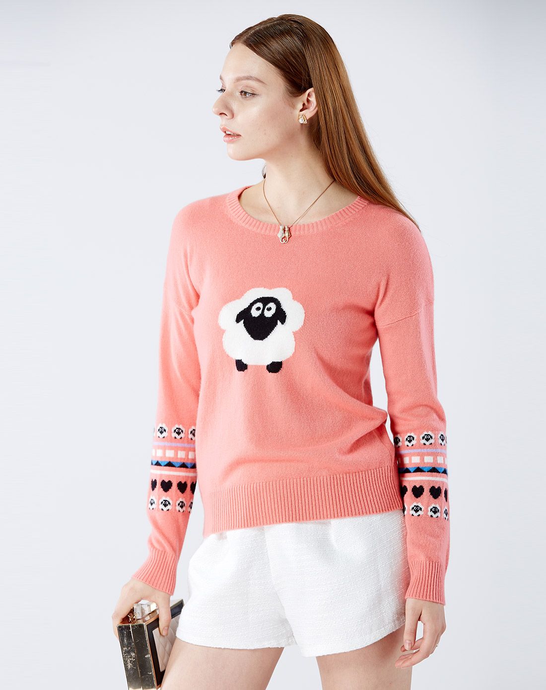 绒典rongdian羊绒女装专场 圆领小羊提花羊绒衫女100%羊绒