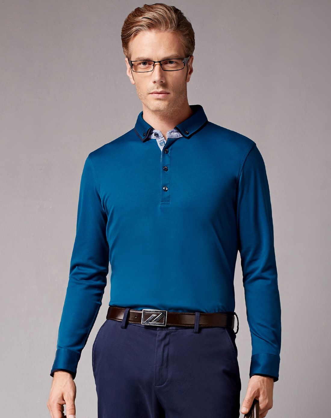 湖蓝色意式撞色双层领100%珍岛棉长袖t恤