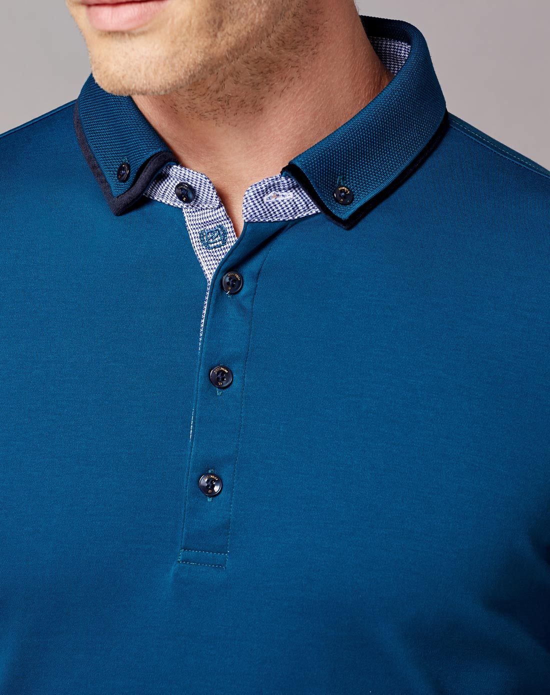 湖蓝色意式撞色双层领100%珍岛棉长袖t恤