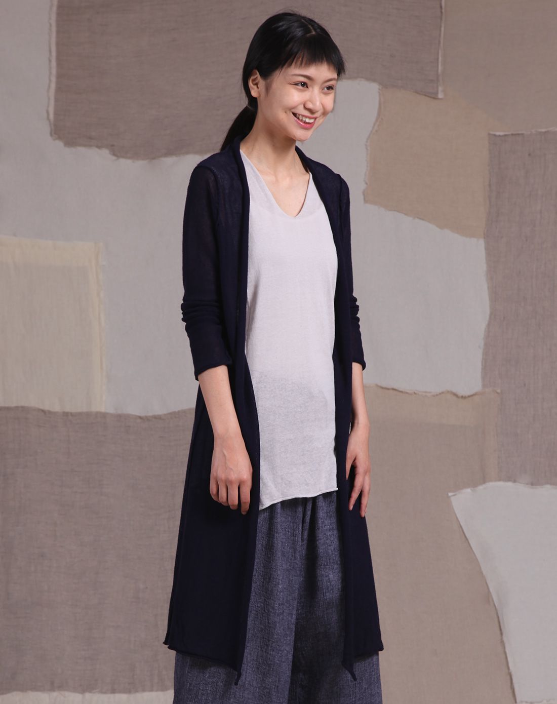 yencha言茶棉麻开襟长款针织衫