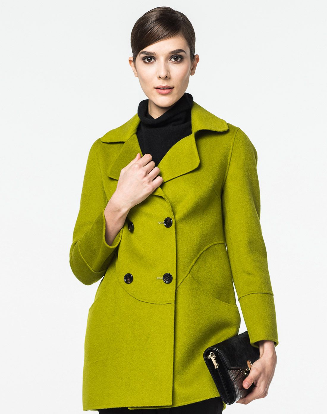 秋香绿都市简约插袋羊毛大衣