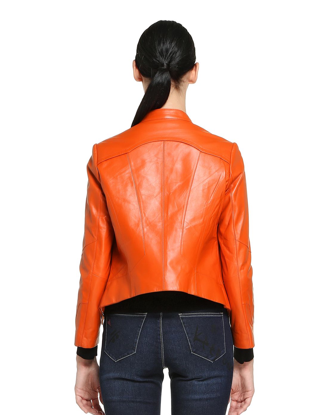 橙色时尚气质长袖皮衣