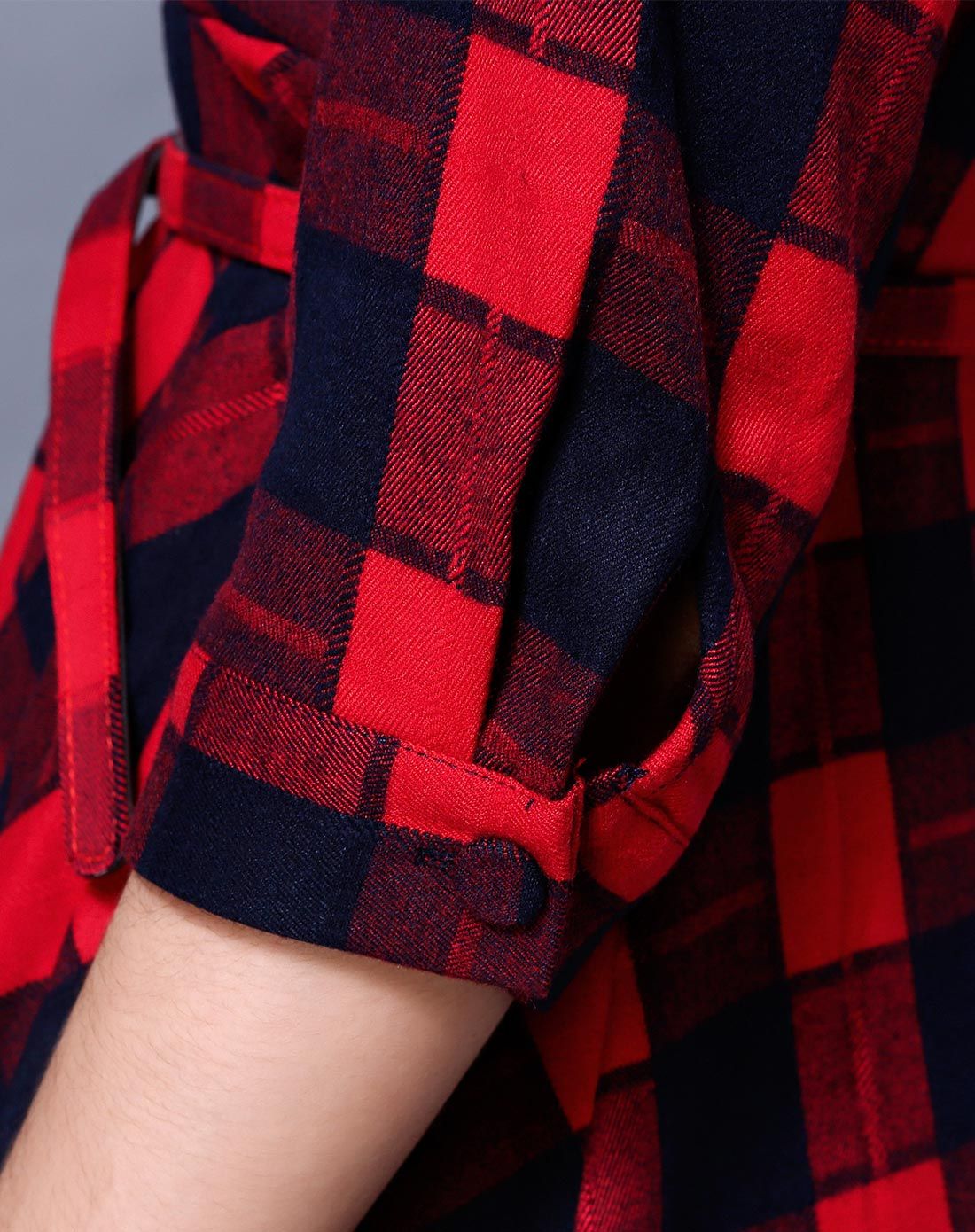 女款青红色衬衣领大格子连衣裙