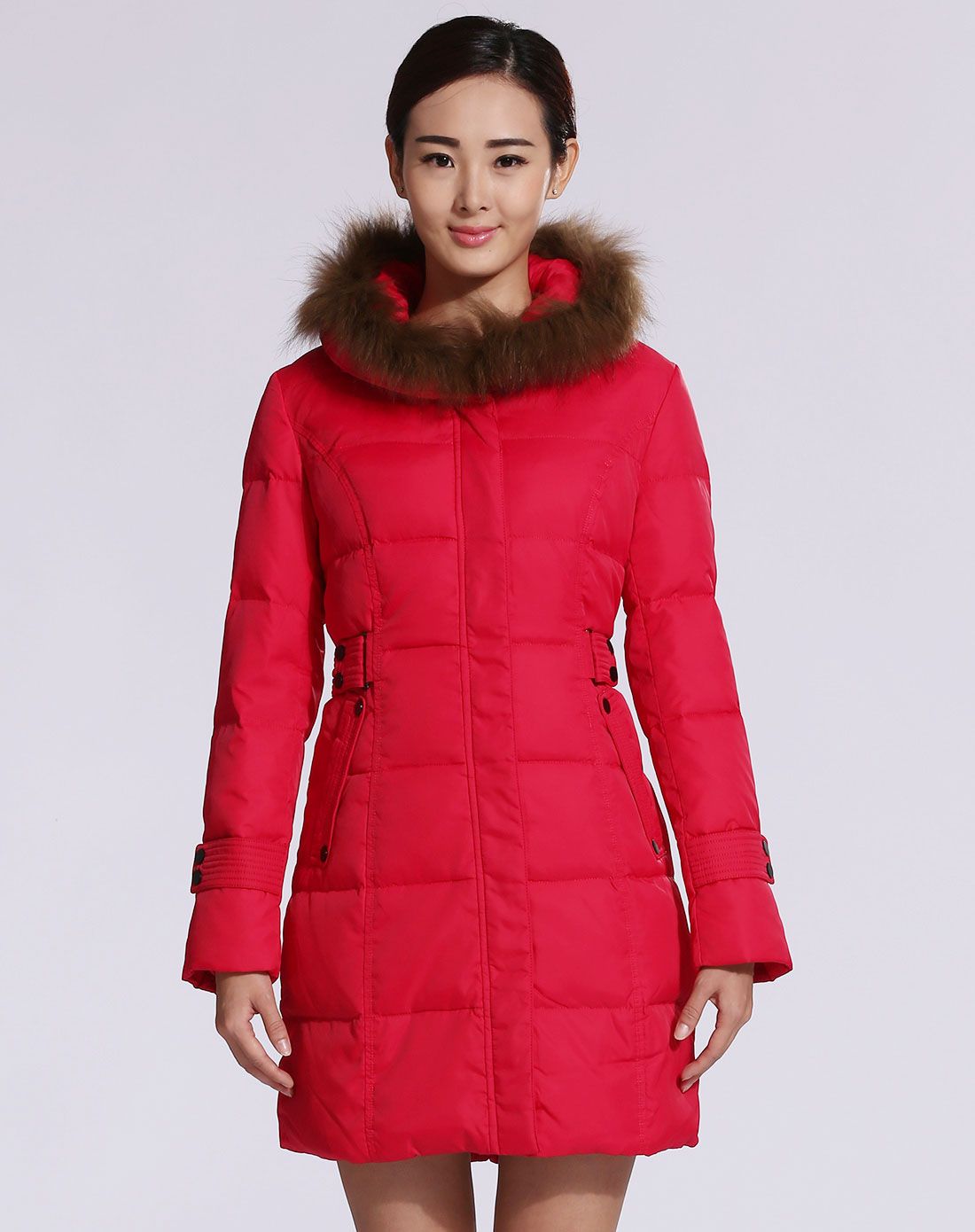 女士大红色加厚大毛领修身中长款羽绒服