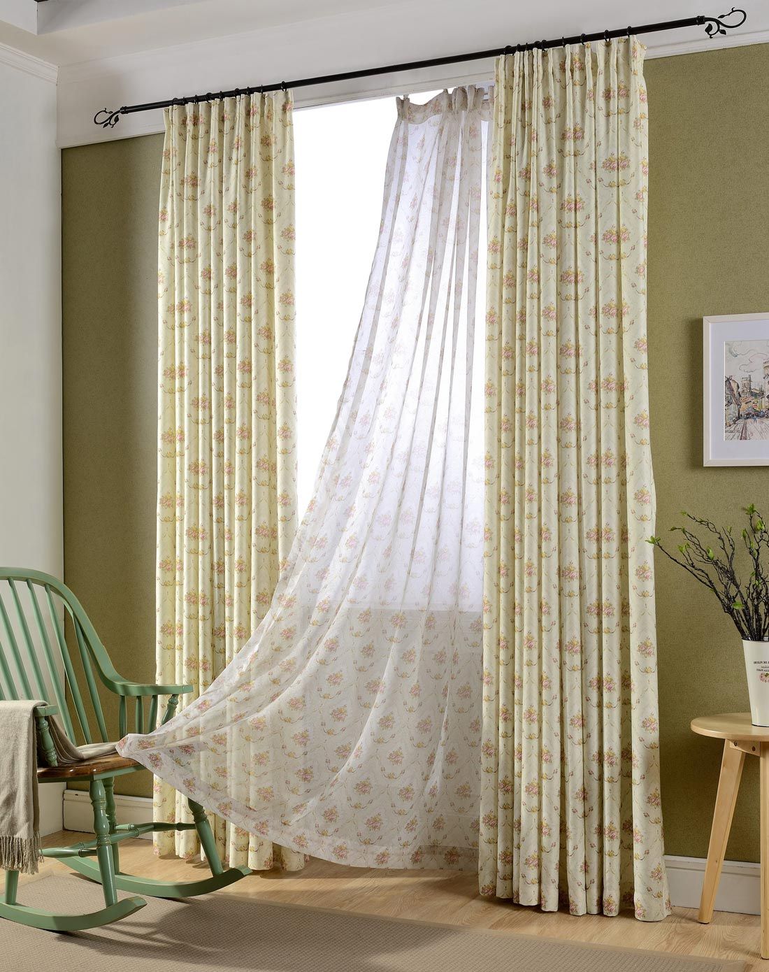 蔷薇花田园风窗帘绿色1.5*2.6m*2片挂钩 共3米