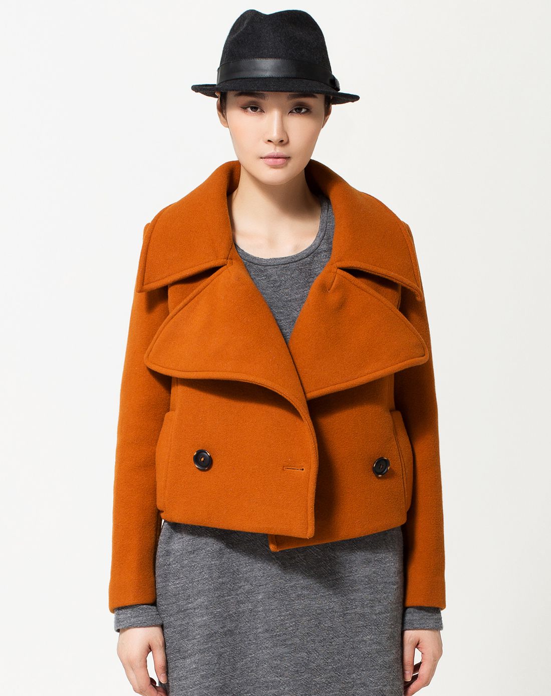 灰橙色纯羊毛毛呢短款外套