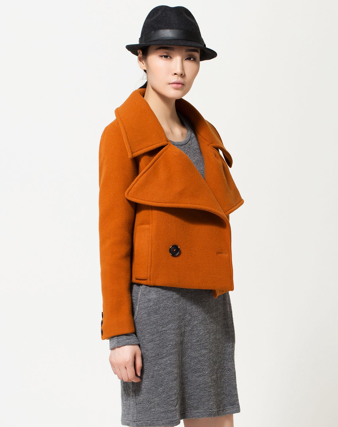 灰橙色纯羊毛毛呢短款外套
