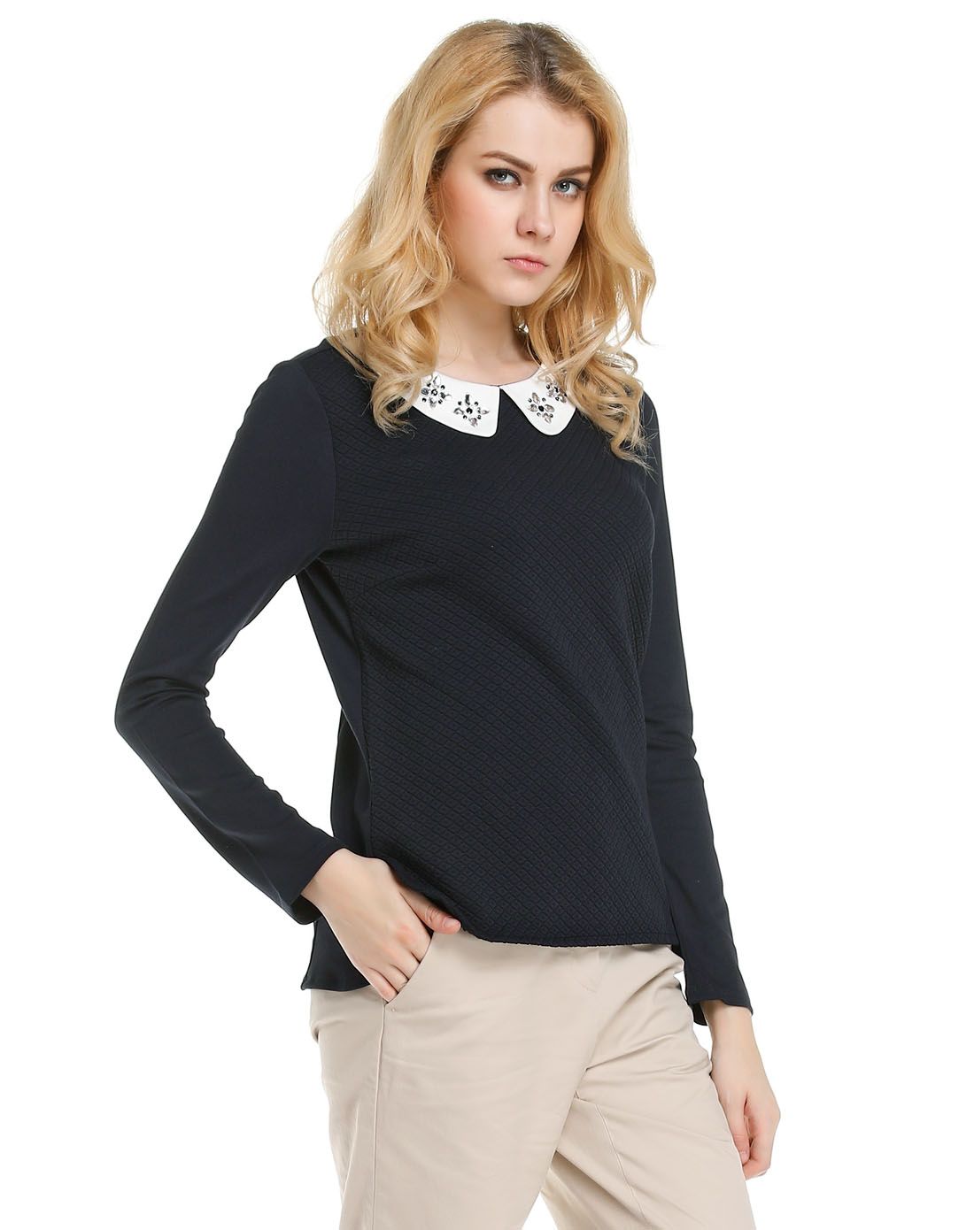 藏青色简洁亮丽斯文长袖上衣