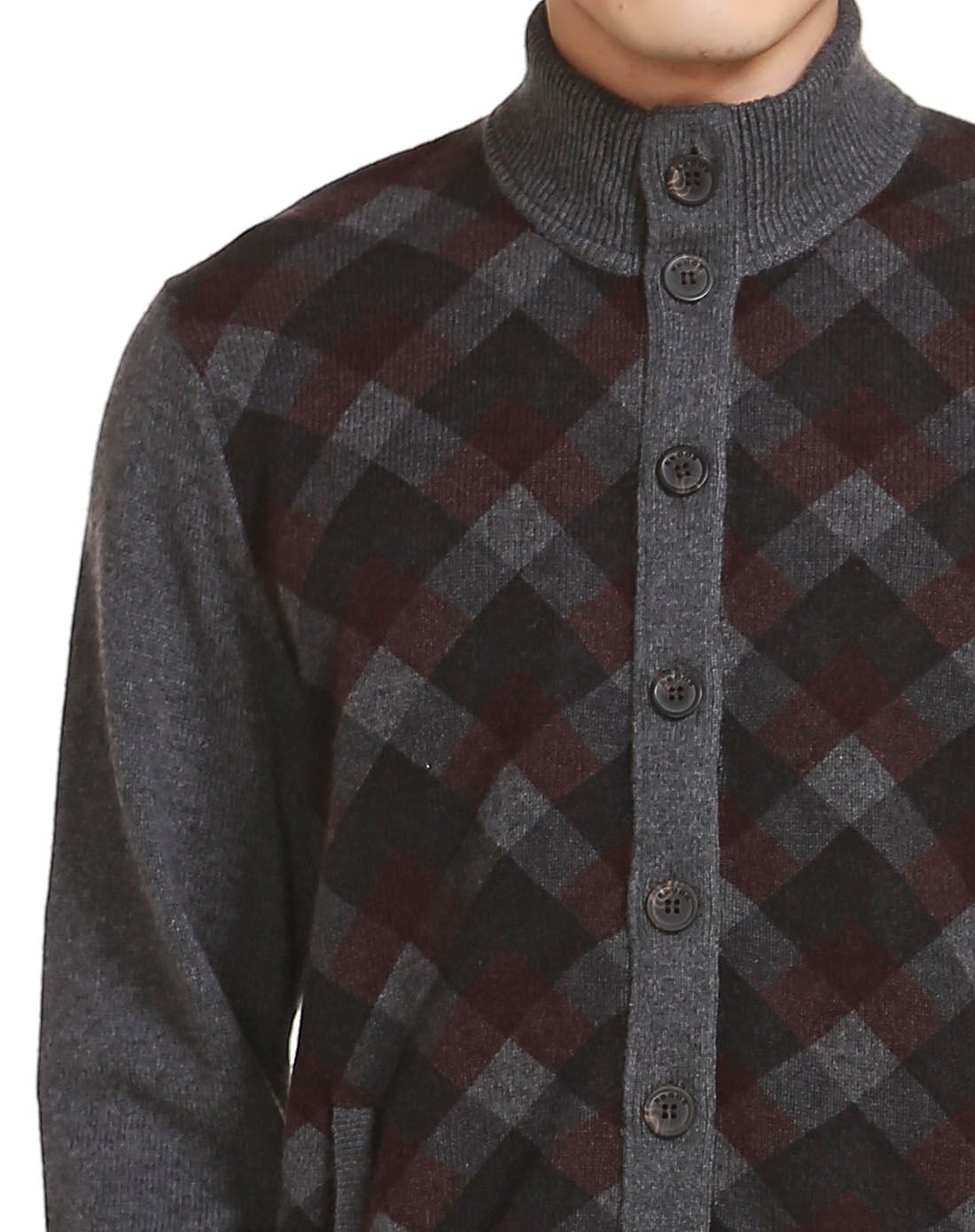 男款深灰色菱格印花半高领长袖山羊绒外套