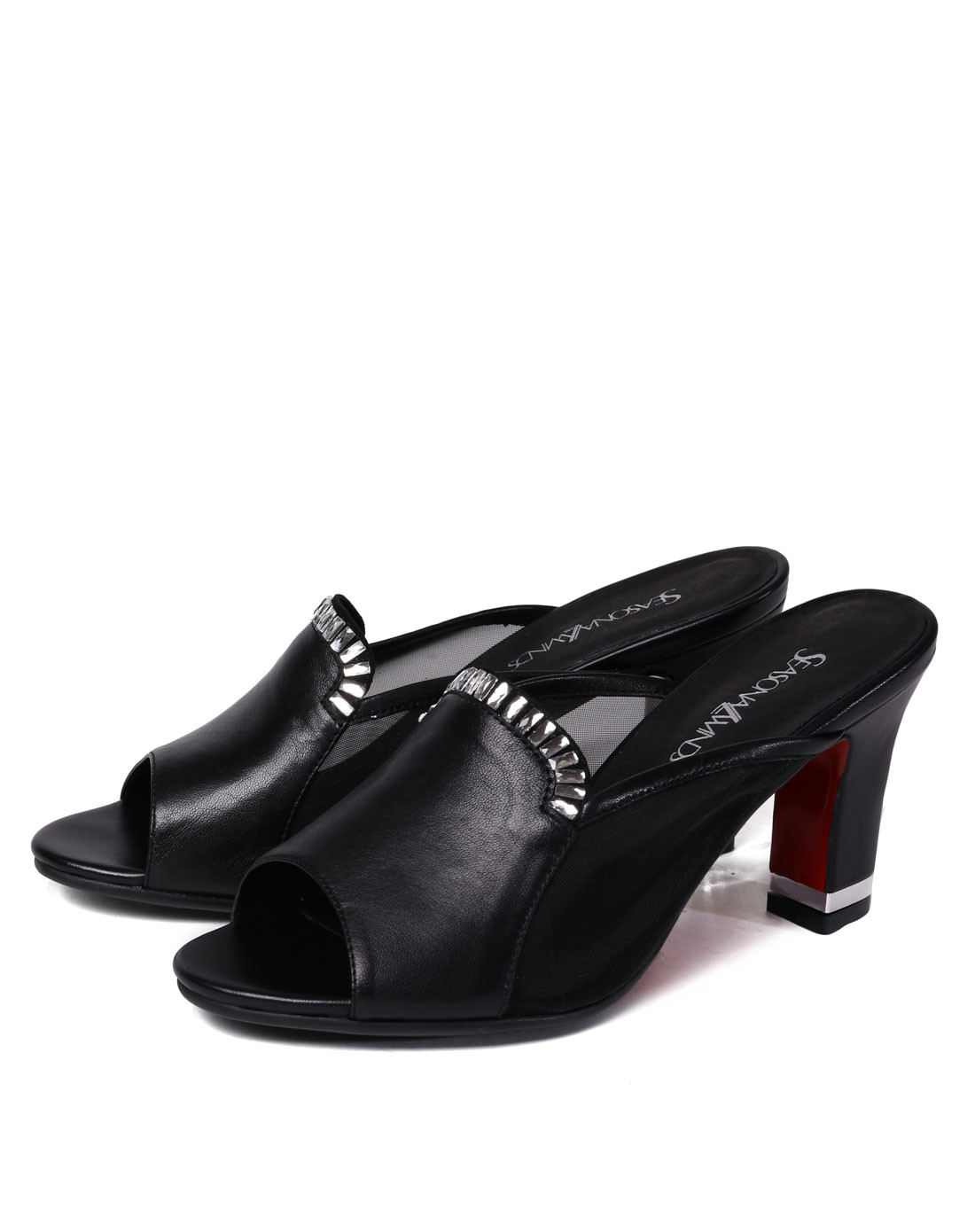 四季风&诗风sesofo女鞋四季风黑色珠光羊皮革休闲凉拖5f809-01k01