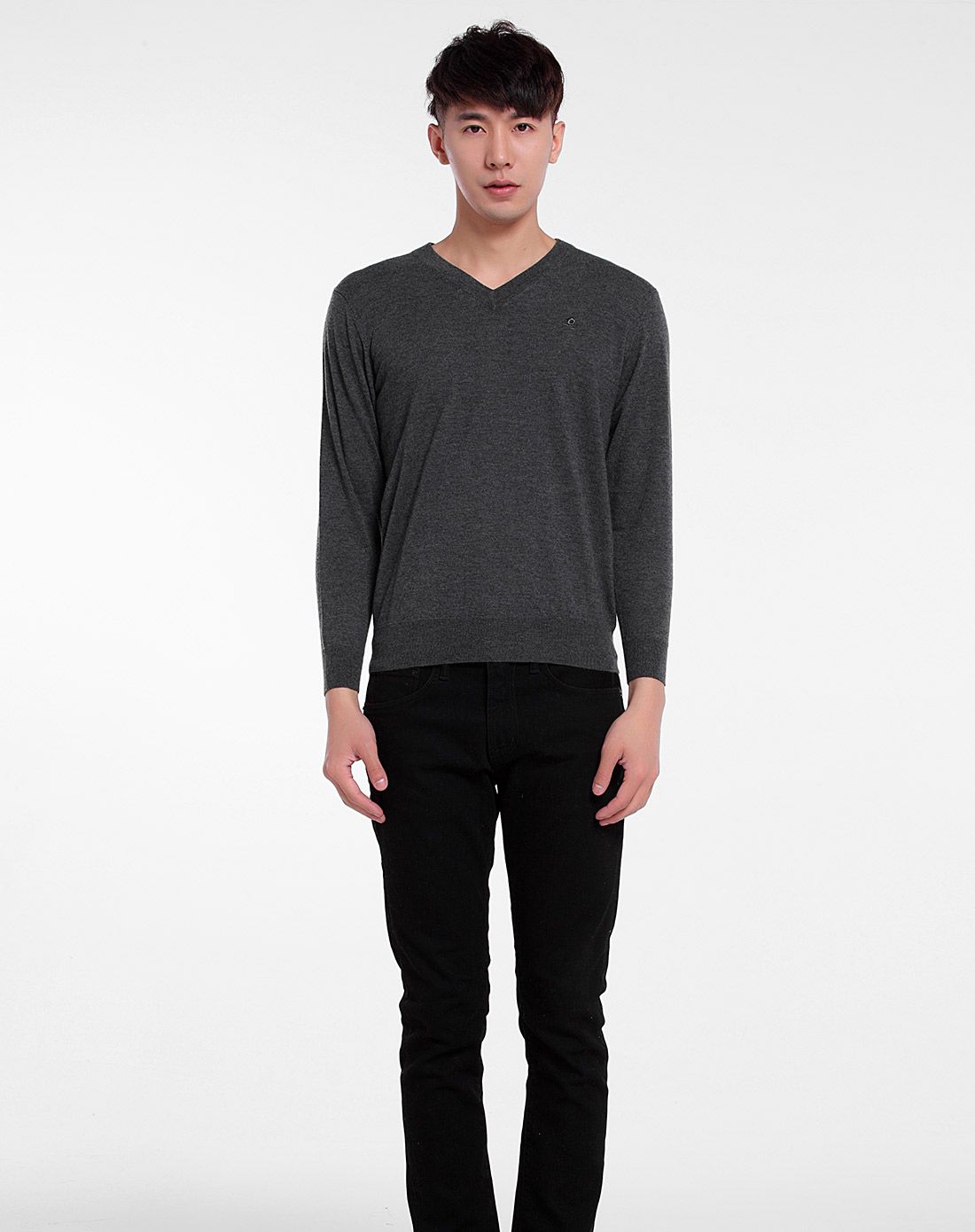 男款v领深灰色长袖纯羊绒衫