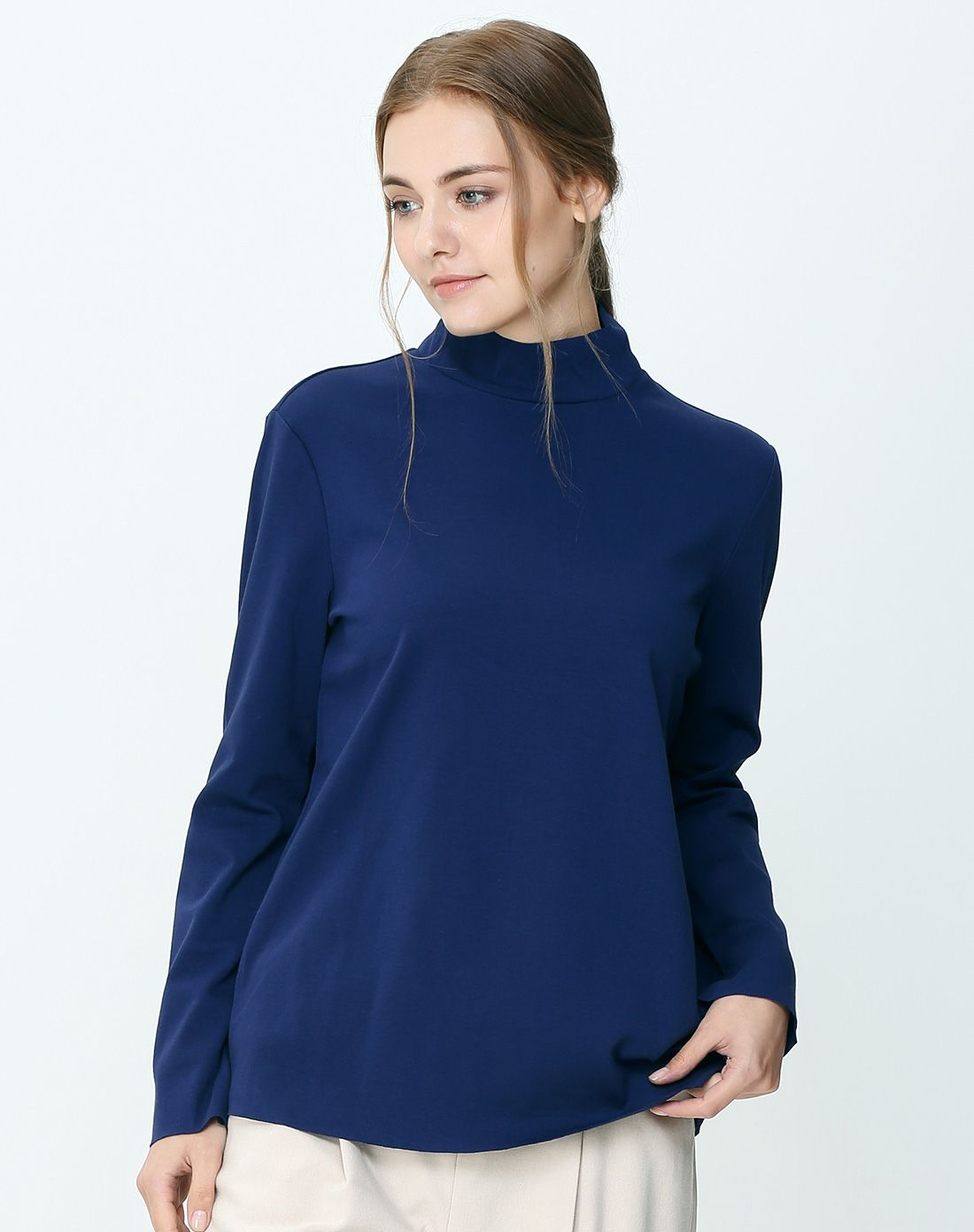 深蓝色休闲百搭高领长袖t恤