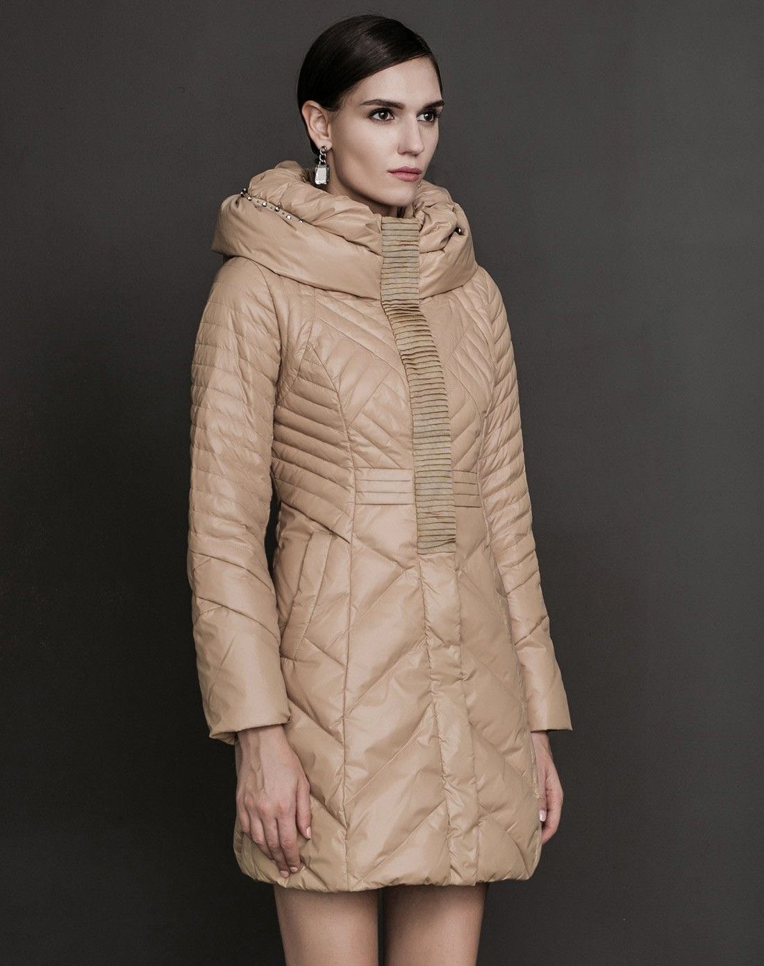 朗曼笛romanty羽绒服中长款经典连帽修身香槟色长袖羽绒衣l243814314