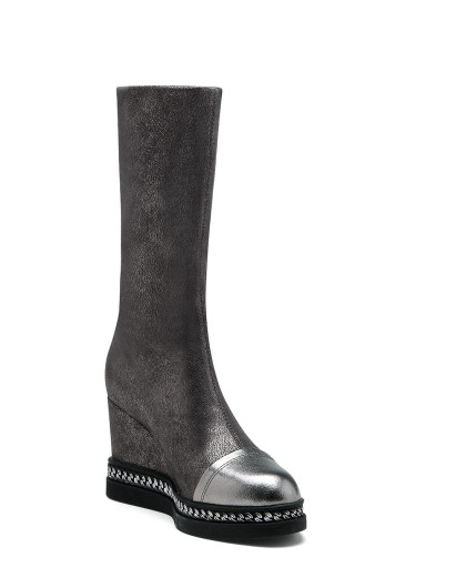 金属灰色真皮幻金百变弹力坡跟女靴