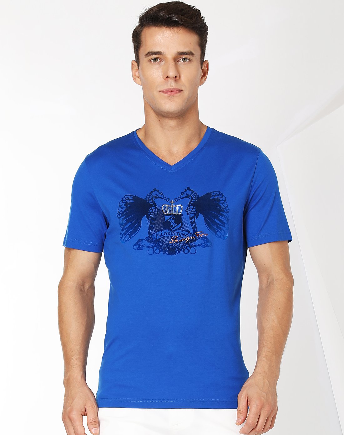 佛伦帝奴fllorinteno男装专场 弹力棉混纺时尚海马贴布v领短袖t恤蓝色