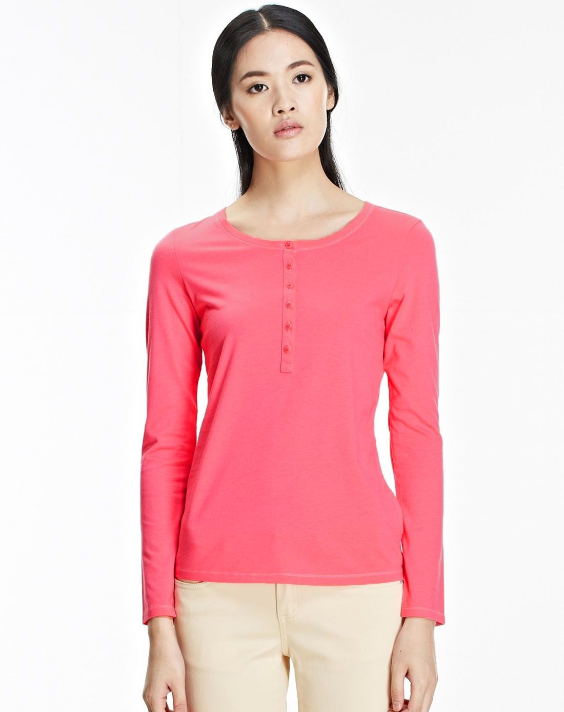 山茶红色莫代尔棉亨利领纯色长袖t恤