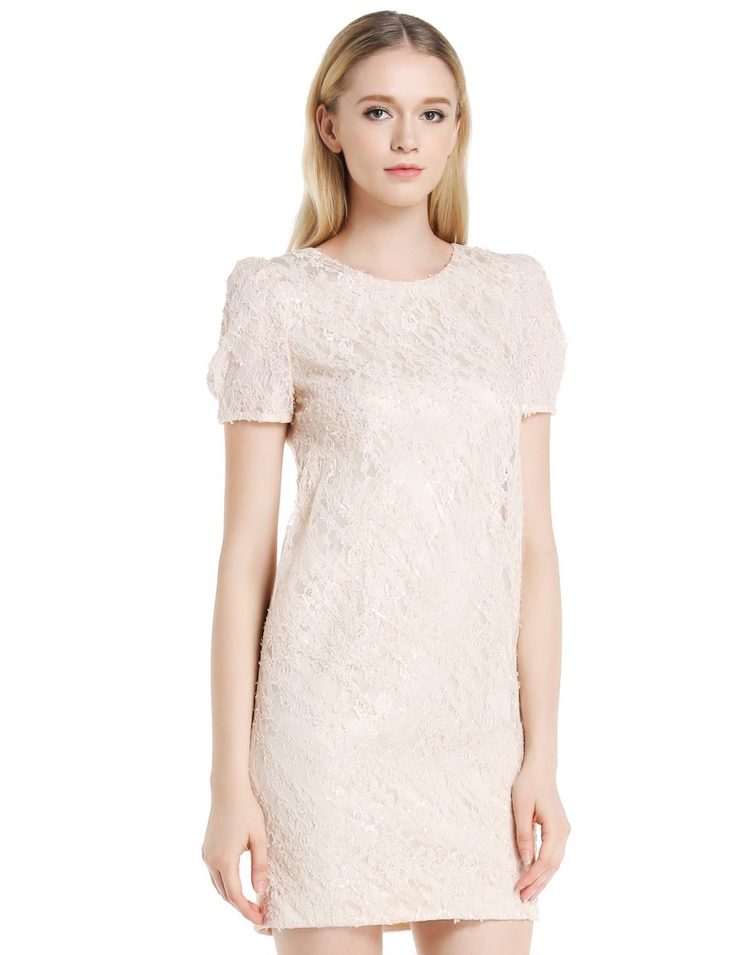 粉米色甜美淑女短袖连衣裙