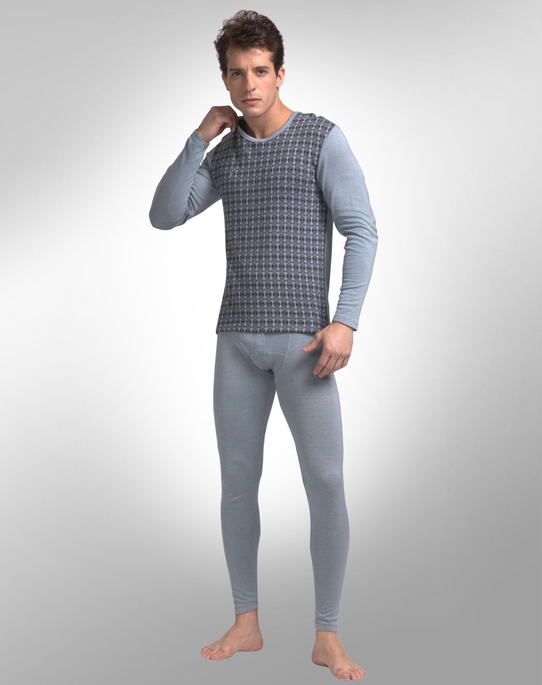 梦特娇男款灰色织纹提花长袖内衣套装