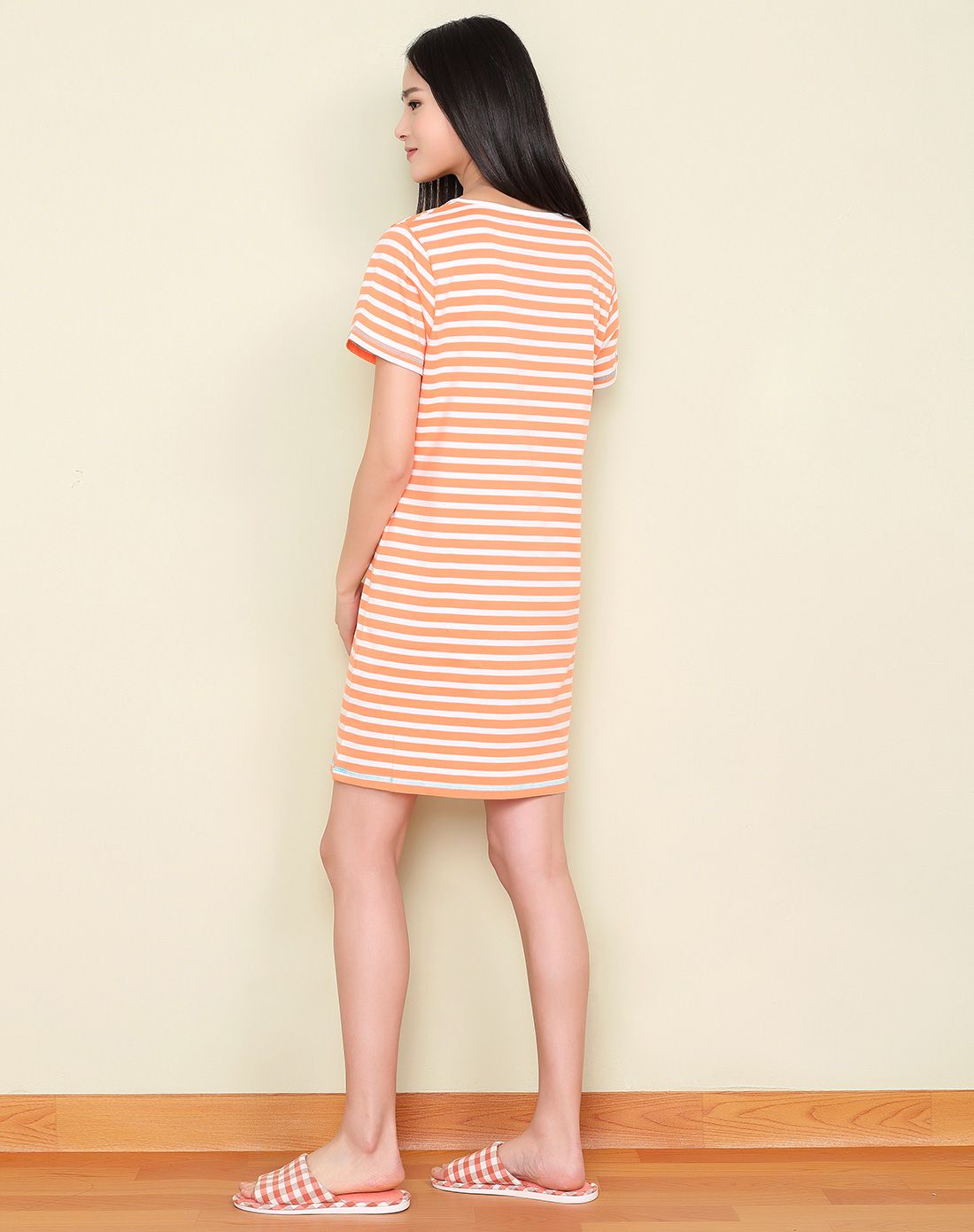 橙白色条纹甜美可爱短袖连衣裙
