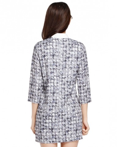 紫褐/白色时尚印花九分袖连衣裙