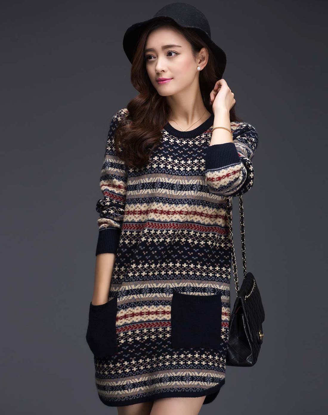 丝柏舍女装移动端专场女藏青色撞色提花针织连衣裙046522a181_唯品会