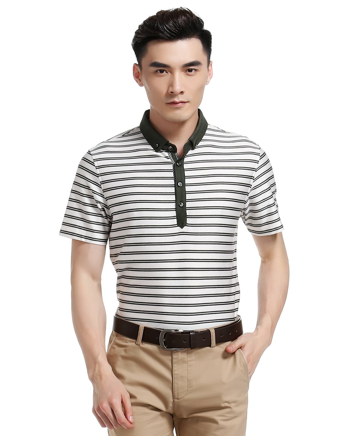 墨绿/白色简洁条纹半开襟短袖t恤