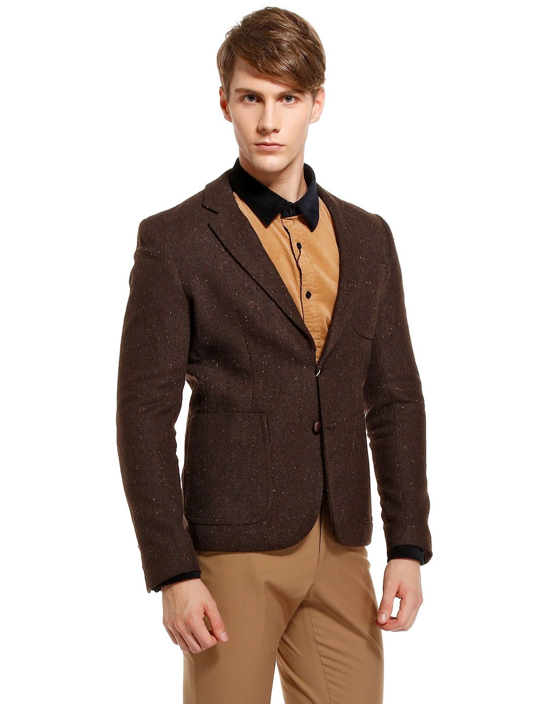 都市休闲深咖啡色双扣长袖西装外套