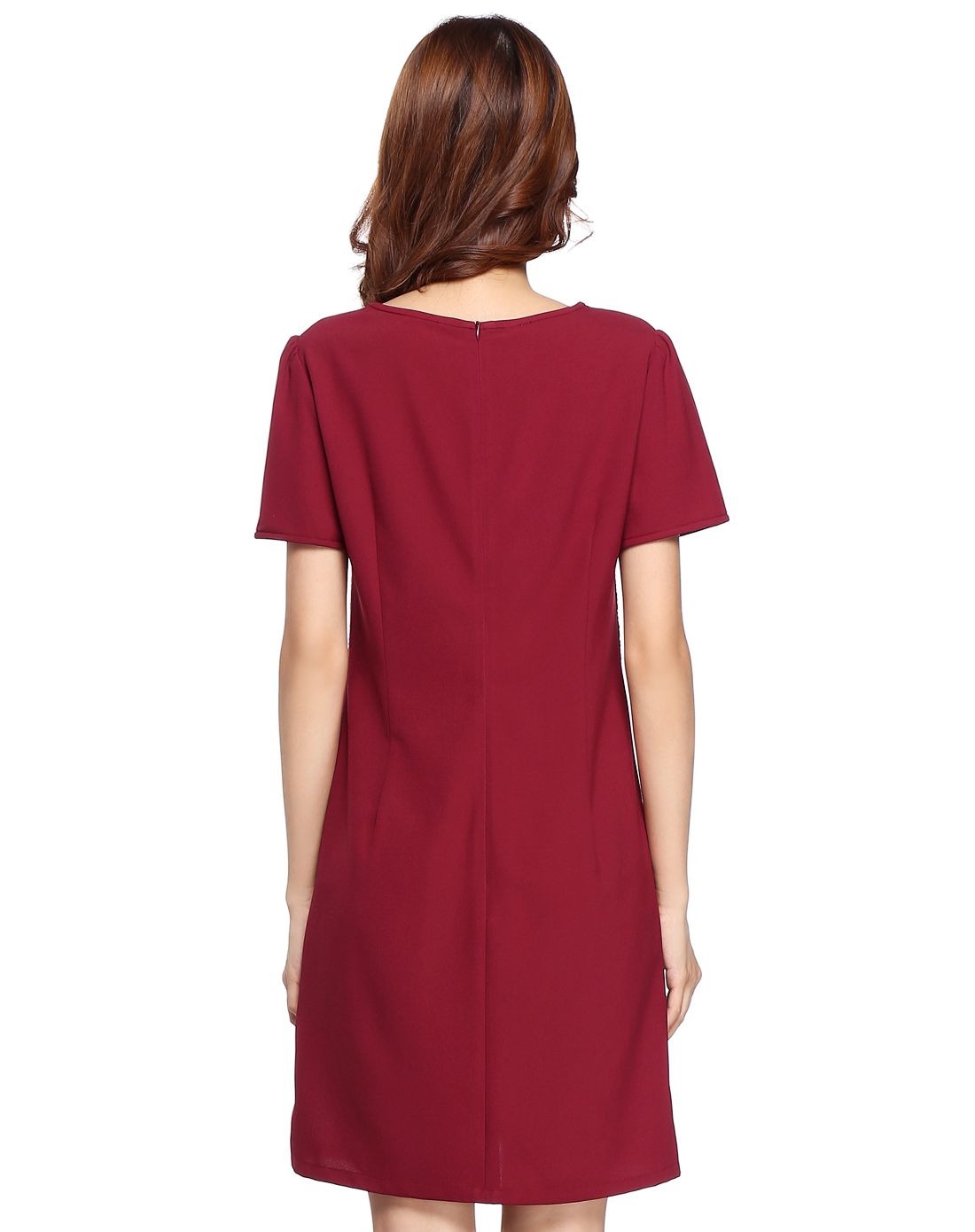 暗红色通勤简约短袖连衣裙