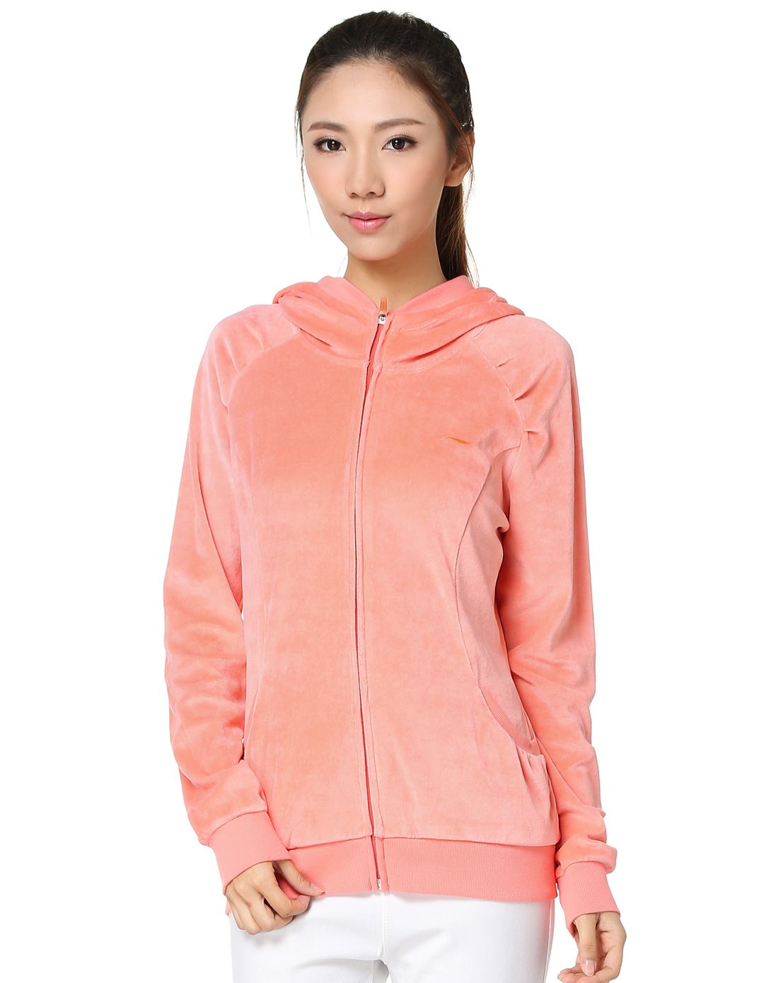 女款鲑鱼红开衫连帽卫衣 活力运动