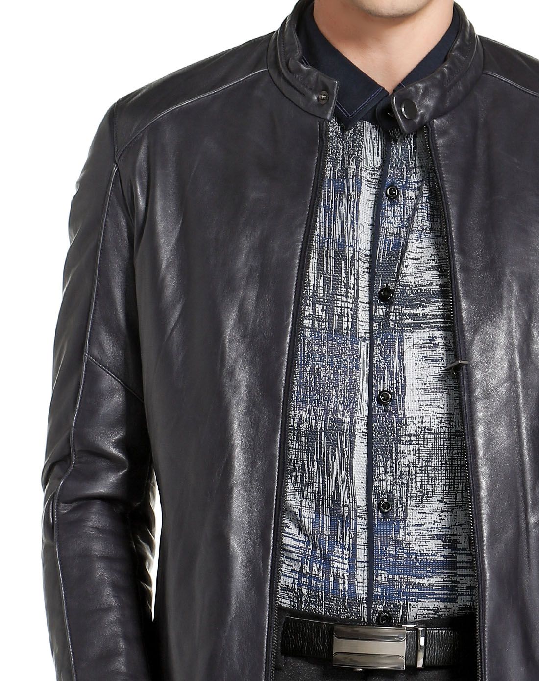 依文&诺丁山男装诺丁山藏蓝色简洁大方长袖夹棉皮衣nh83350042_唯品会