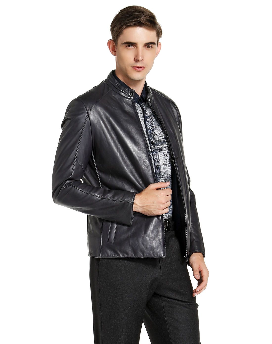 依文&诺丁山男装诺丁山藏蓝色简洁大方长袖夹棉皮衣nh83350042_唯品会