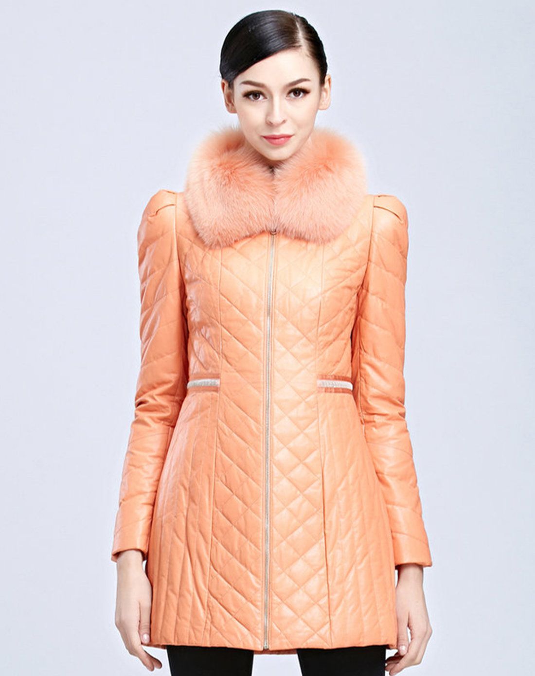 story皮草男女女款杏粉色狐狸毛领绵羊皮羽绒皮衣55w130635_唯品会