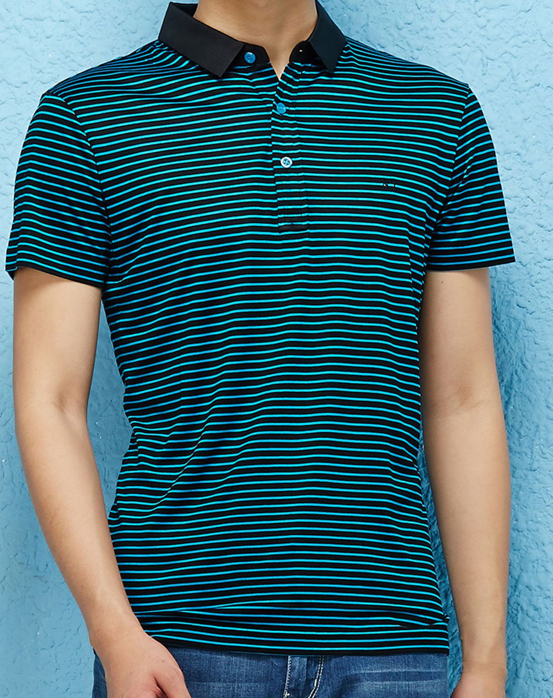 绅士莫代尔休闲黑蓝条纹短袖t恤