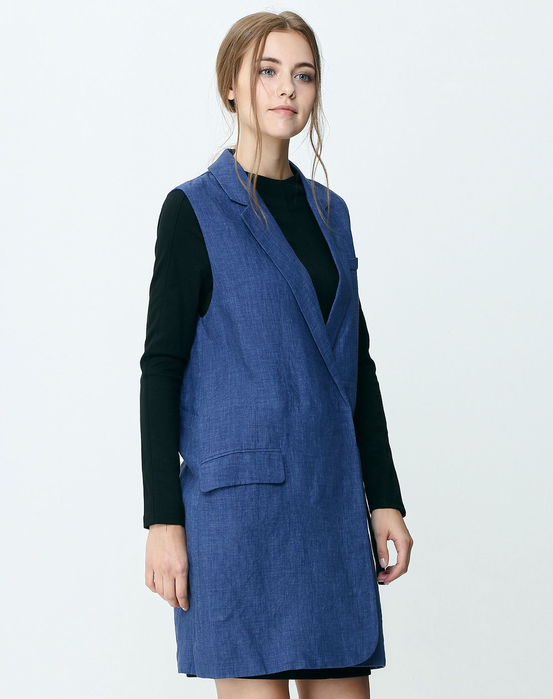 女款深蓝色都市时尚翻领中长款马甲