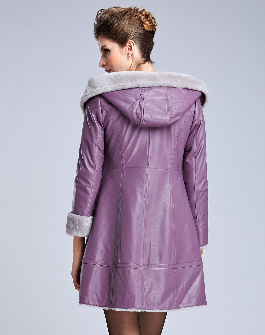 女款紫色连帽羊毛皮皮衣