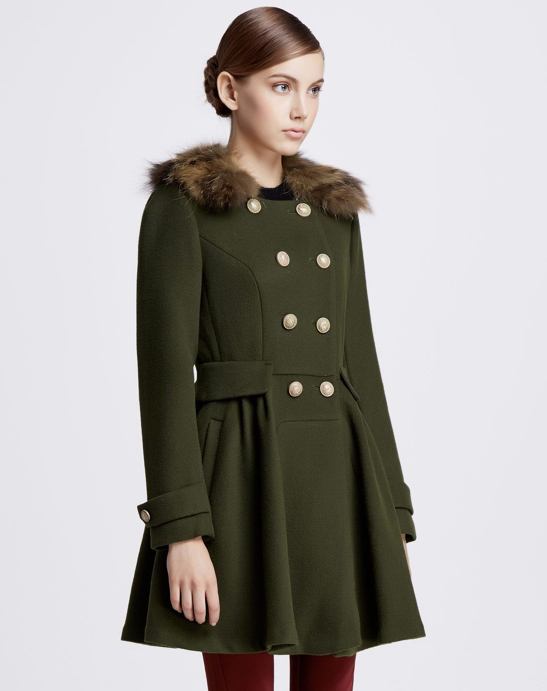 都市韩版军装风双排扣毛领大衣