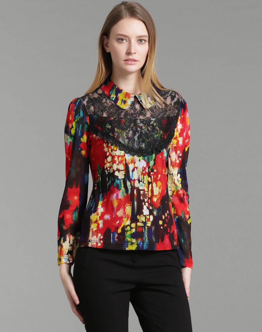 玖迪诗godis红/黑色优雅印花长袖上衣gkq848159_唯品会