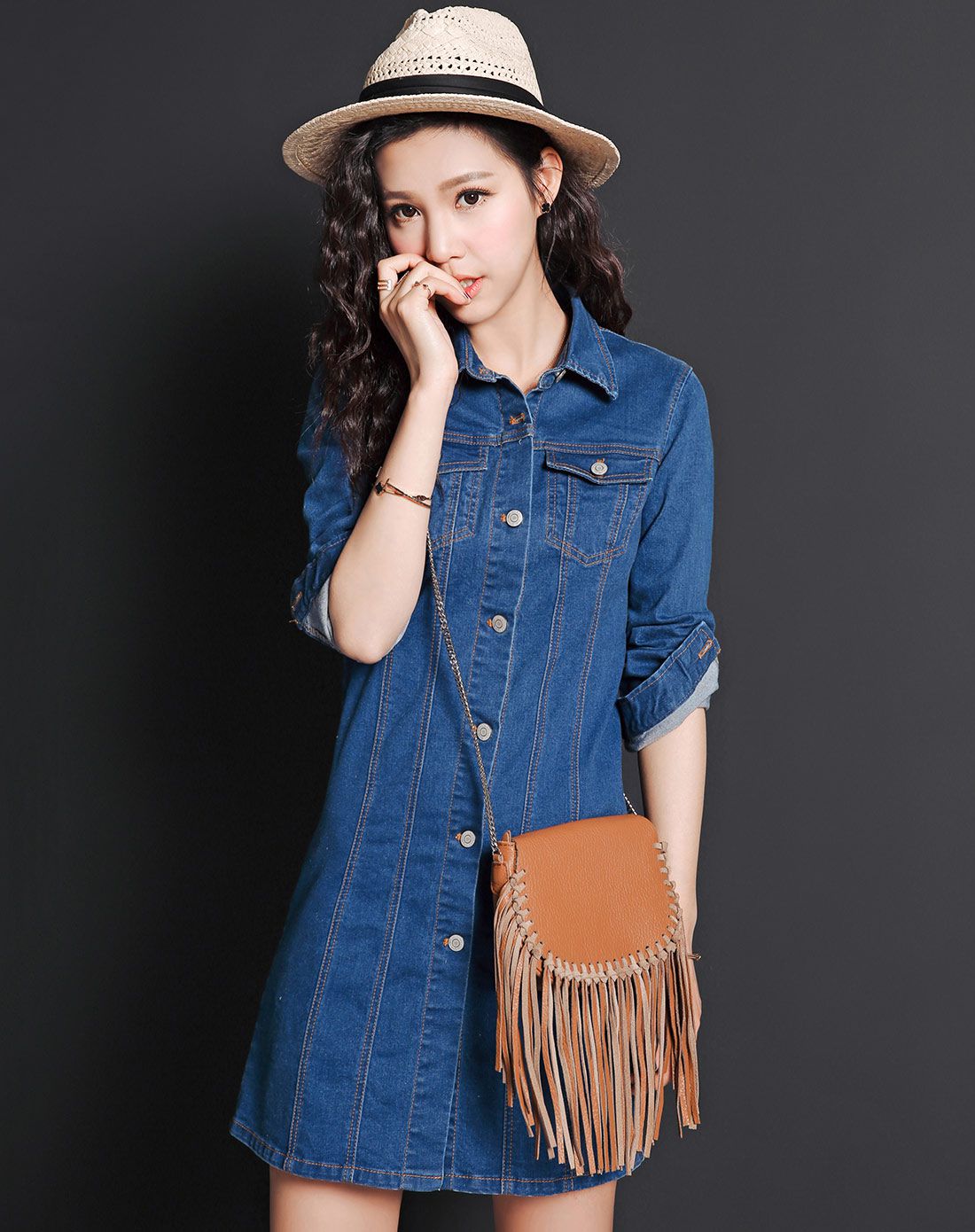 蓝色 翻领显瘦修身长袖牛仔连衣裙