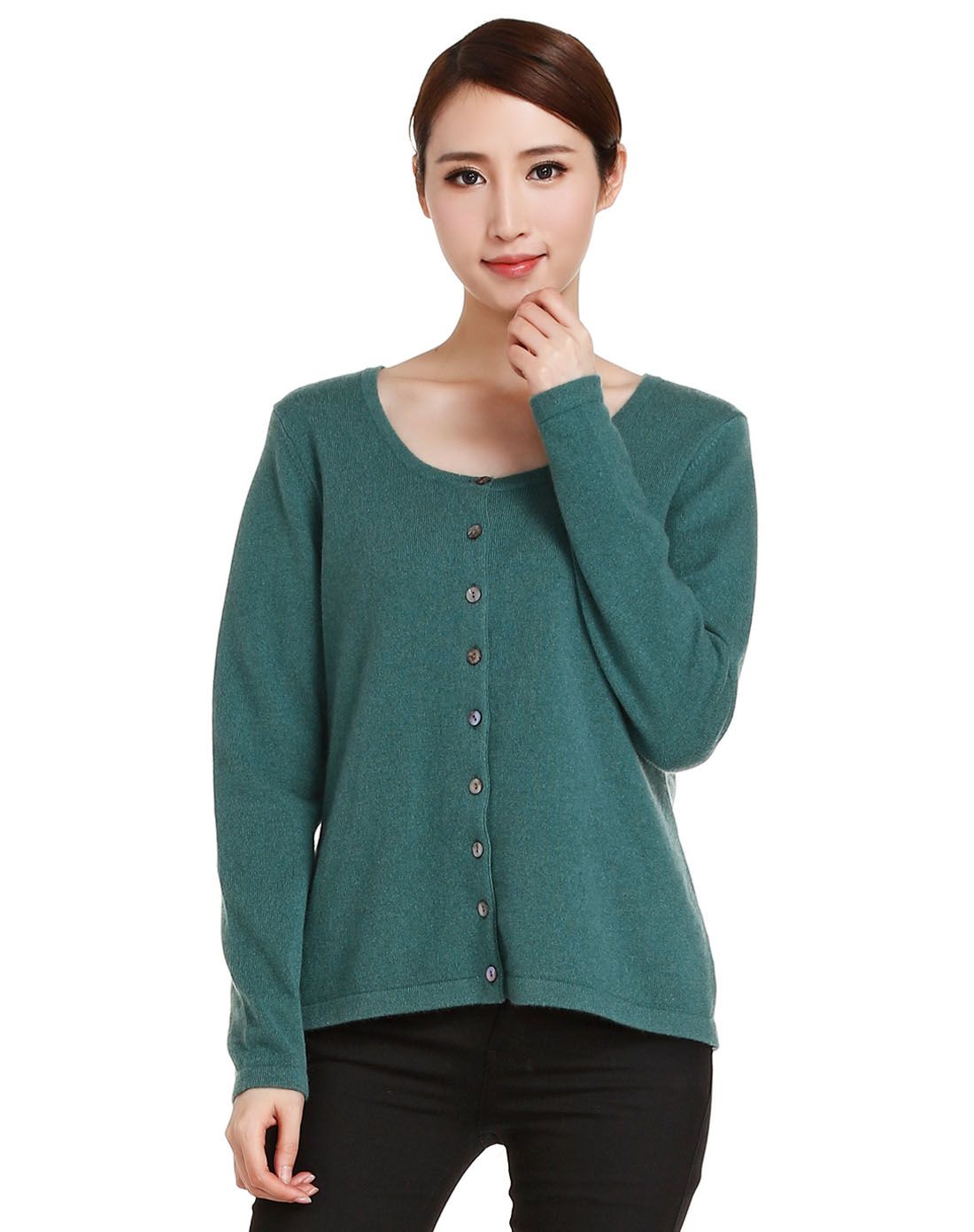 深豆绿色简约休闲长袖羊绒针织外套