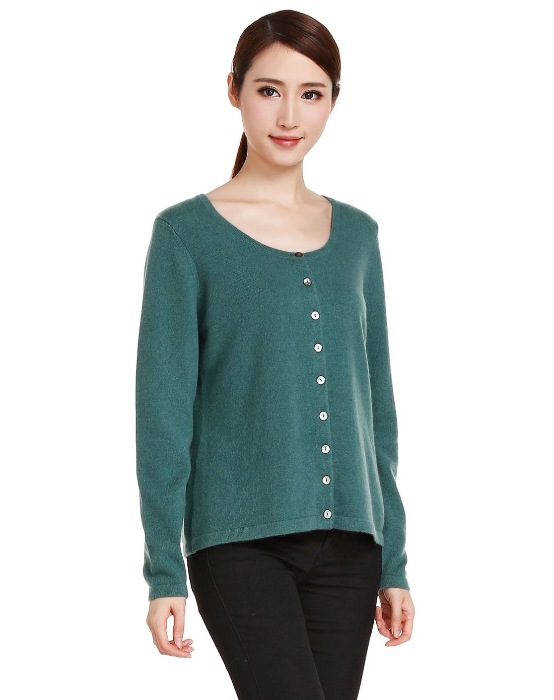 深豆绿色简约休闲长袖羊绒针织外套