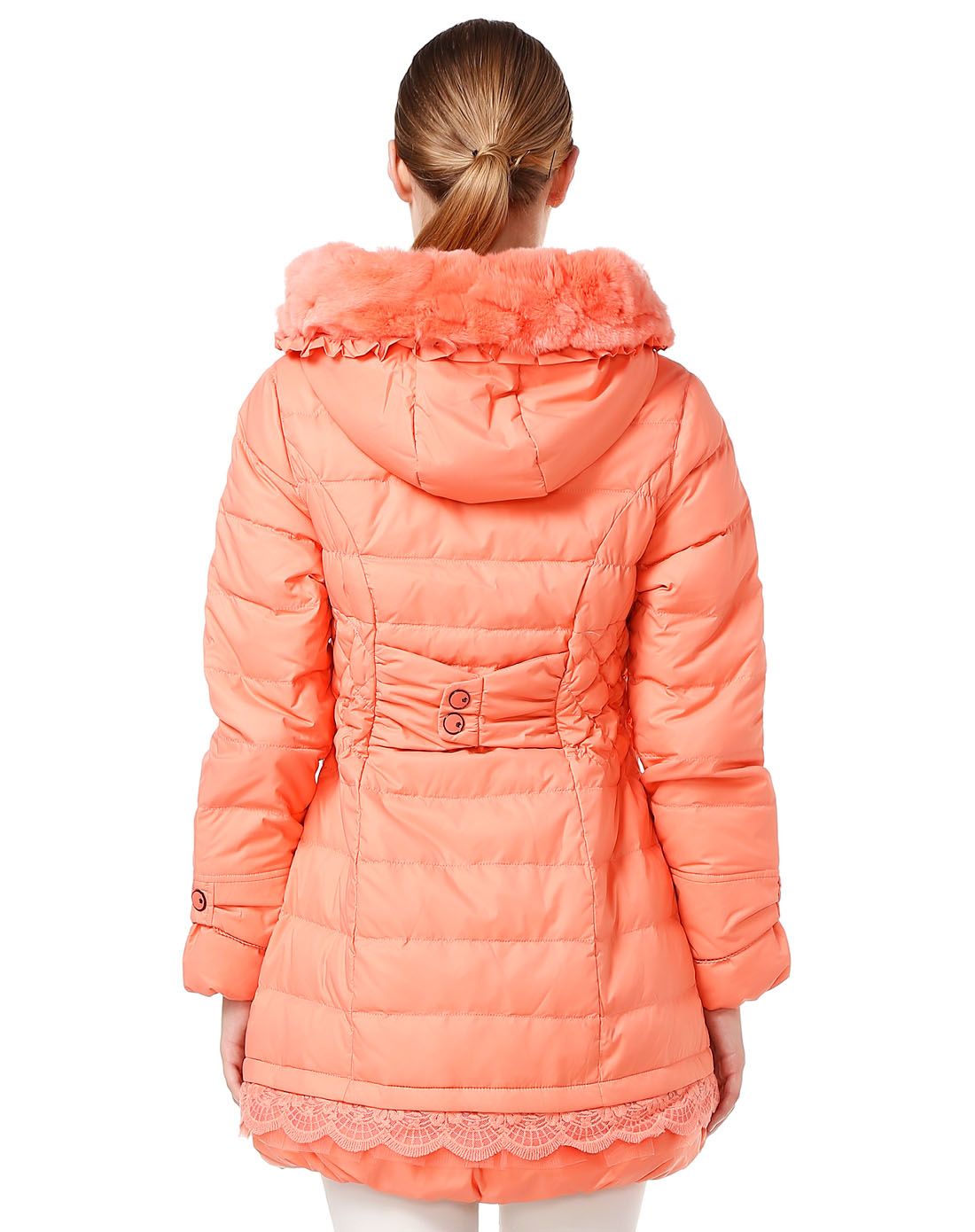 女款浅橘粉色时尚中长款长袖羽绒服