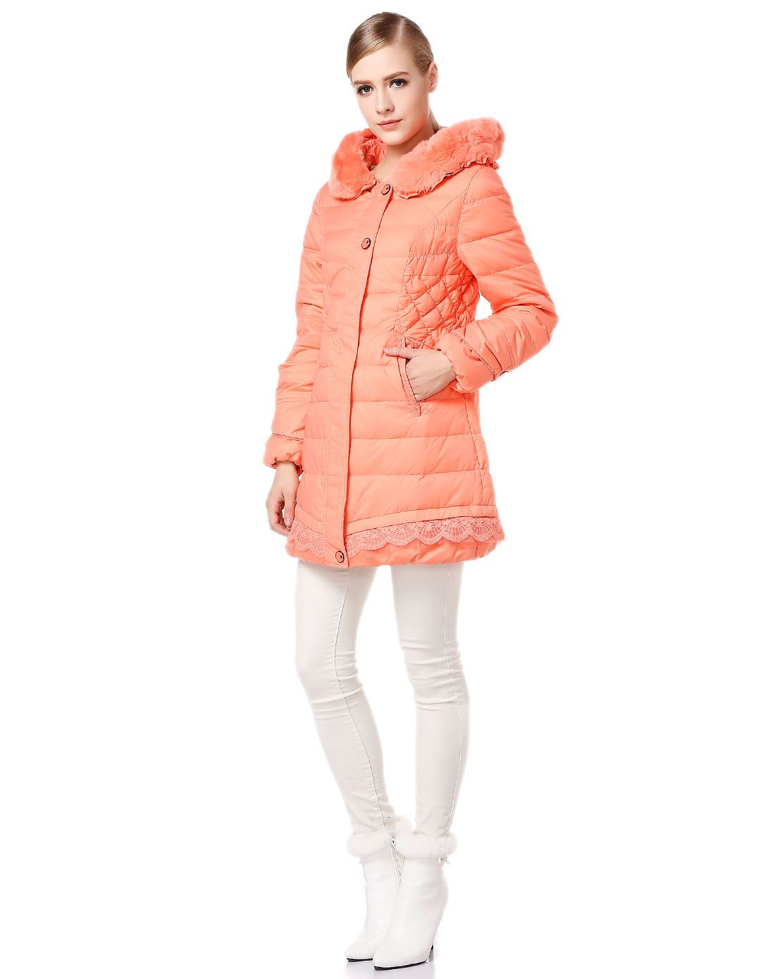 女款浅橘粉色时尚中长款长袖羽绒服
