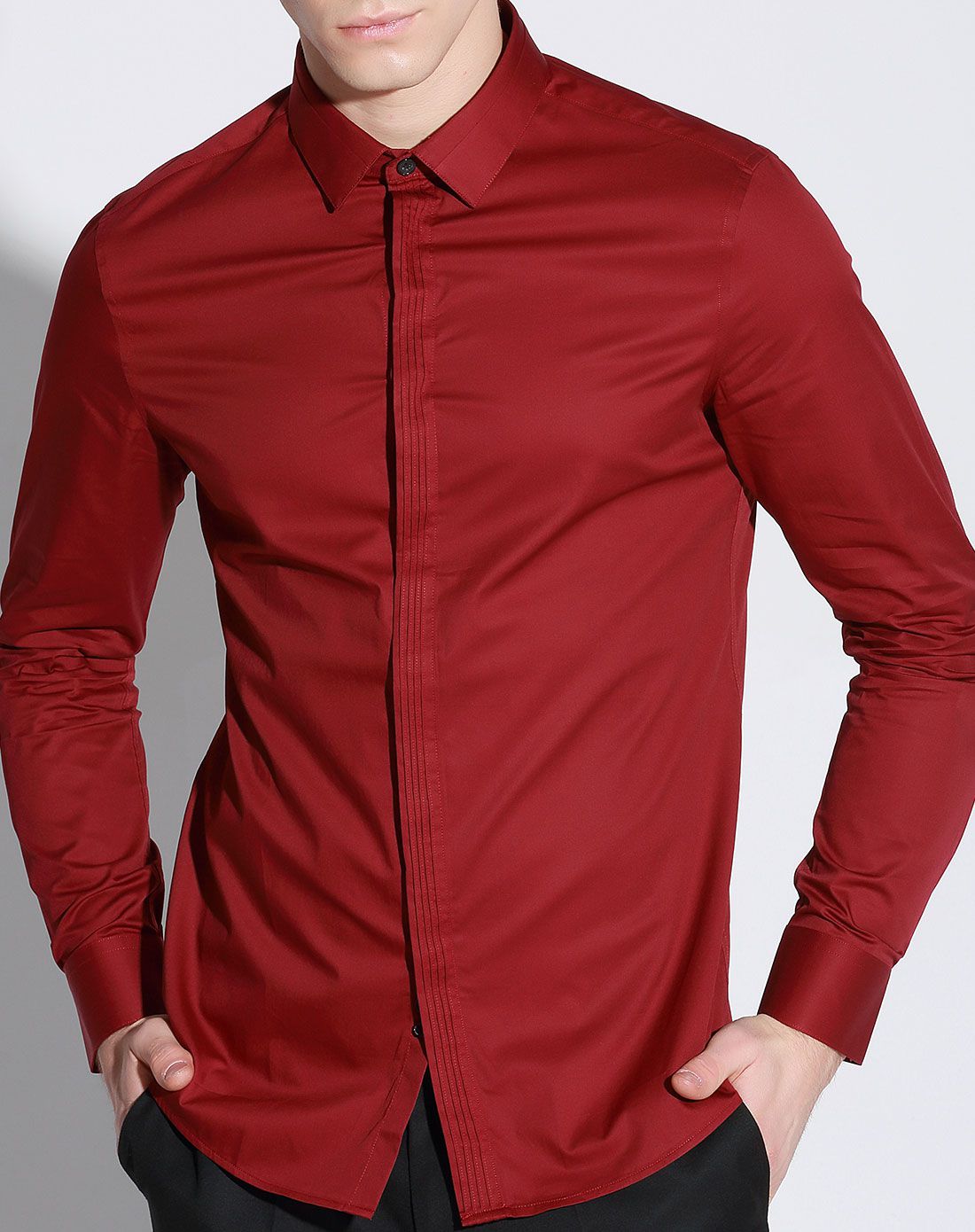 暗红色斯文气质长袖衬衫